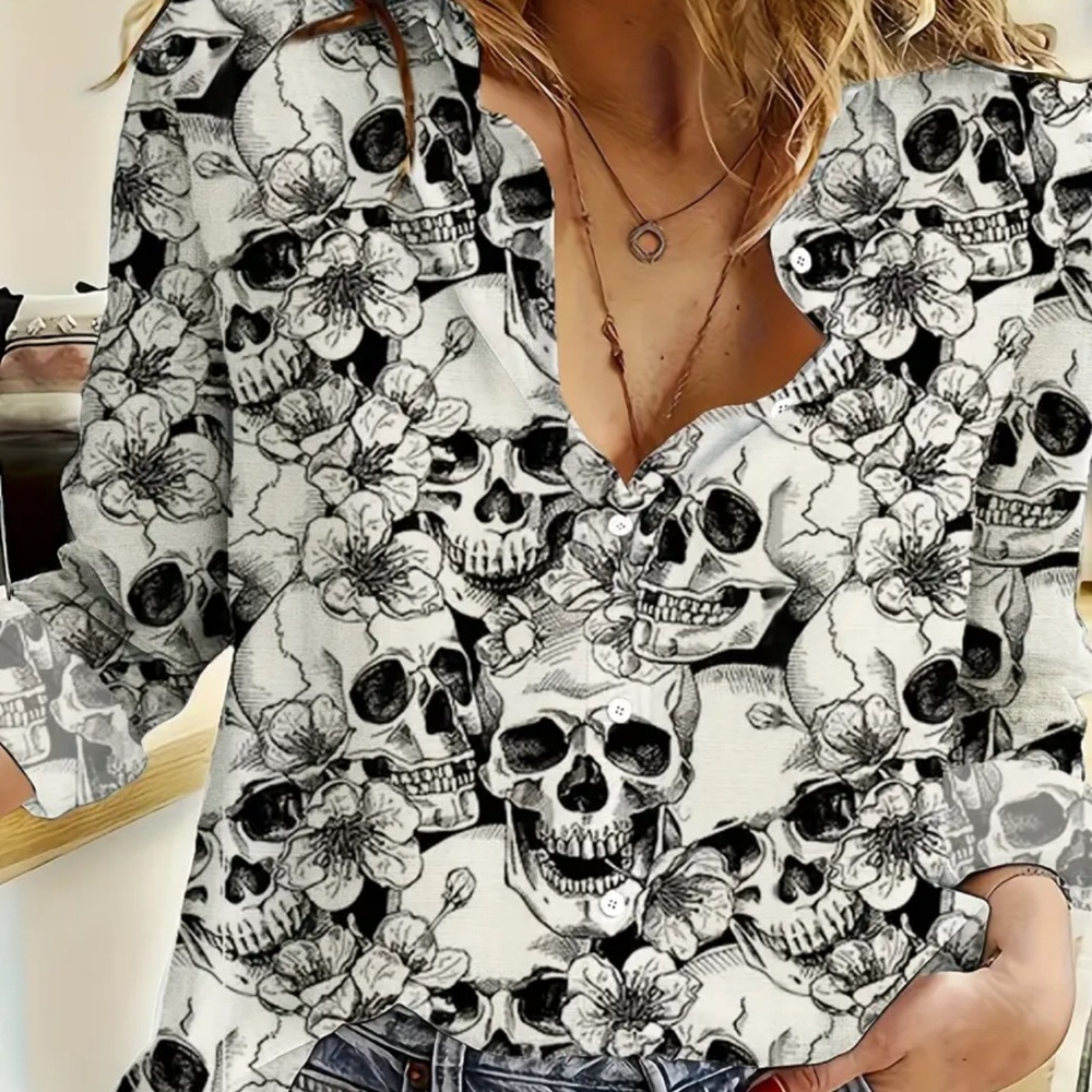Skull Floral Print Buttoned Shirt White Black Size L Halloween Gothic Edgy